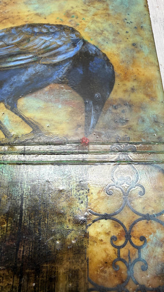 Encaustic Raven Original Painting, Blue Black Brown Mixed Media Art on Wood Cradle Board