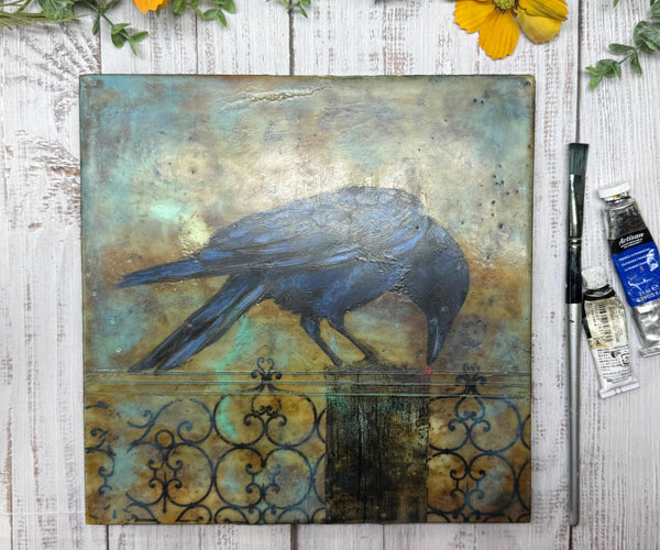 Encaustic Raven Original Painting, Blue Black Brown Mixed Media Art on Wood Cradle Board