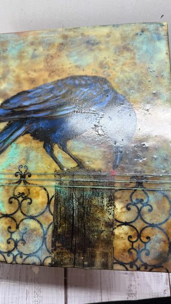 Encaustic Raven Original Painting, Blue Black Brown Mixed Media Art on Wood Cradle Board