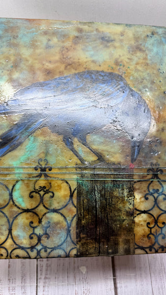 Encaustic Raven Original Painting, Blue Black Brown Mixed Media Art on Wood Cradle Board