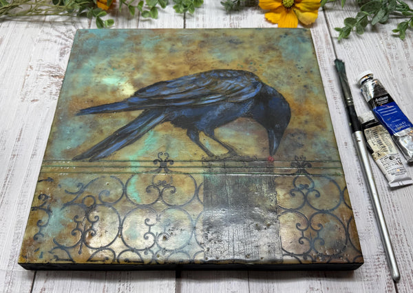 Encaustic Raven Original Painting, Blue Black Brown Mixed Media Art on Wood Cradle Board