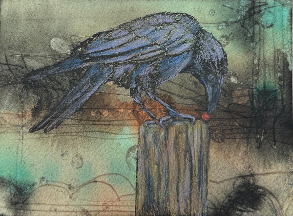 Original Painting Raven, Watercolor Original Artwork, Mixed Media Small art with Raven Bird, Black and Blue Art on Paper, Bird Lover Gift