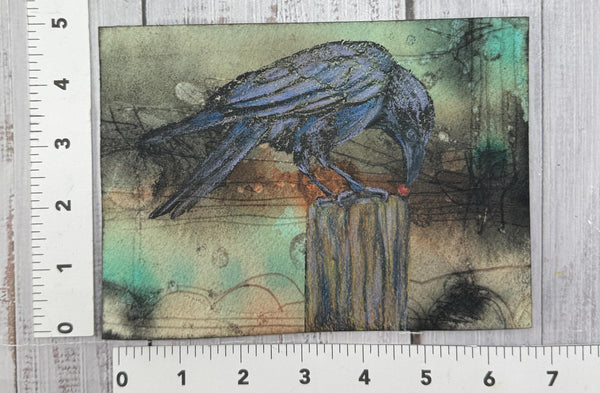 Original Painting Raven, Watercolor Original Artwork, Mixed Media Small art with Raven Bird, Black and Blue Art on Paper, Bird Lover Gift