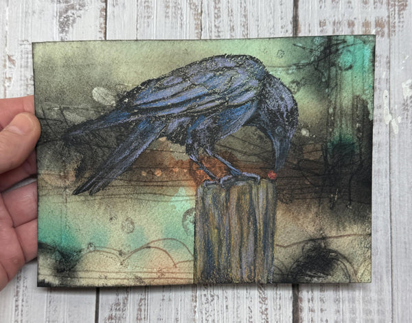 Original Painting Raven, Watercolor Original Artwork, Mixed Media Small art with Raven Bird, Black and Blue Art on Paper, Bird Lover Gift