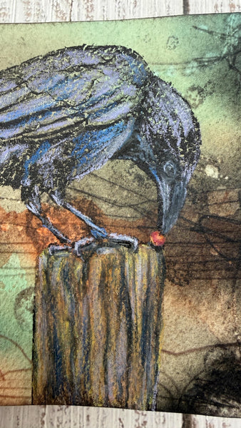 Original Painting Raven, Watercolor Original Artwork, Mixed Media Small art with Raven Bird, Black and Blue Art on Paper, Bird Lover Gift