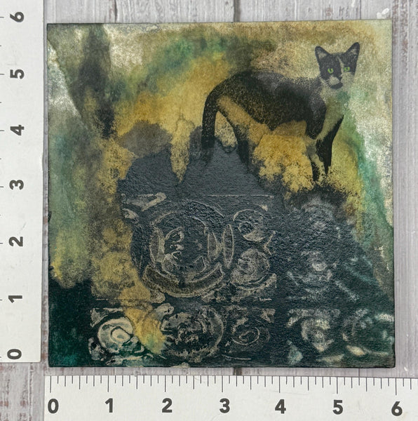 Original Painting Cat Artwork, Mixed Media Art with Black and White Cat, Cat Mom and Cat Dad Gift