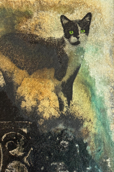 Original Painting Cat Artwork, Mixed Media Art with Black and White Cat, Cat Mom and Cat Dad Gift
