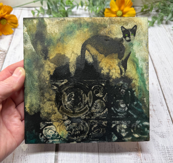 Original Painting Cat Artwork, Mixed Media Art with Black and White Cat, Cat Mom and Cat Dad Gift