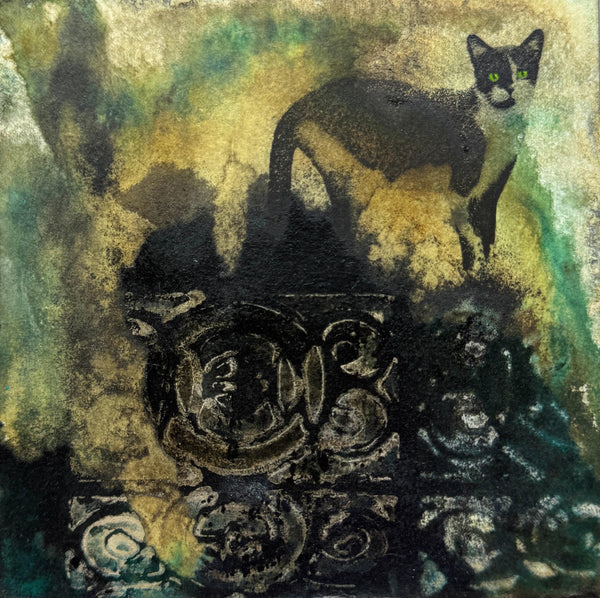 Original Painting Cat Artwork, Mixed Media Art with Black and White Cat, Cat Mom and Cat Dad Gift