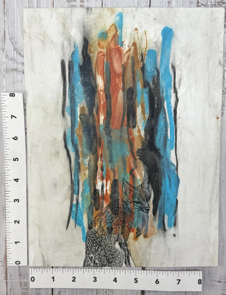 Original Painting Gray Fox Artwork, Mixed Media Art on Paper, Gray Fox Sitting