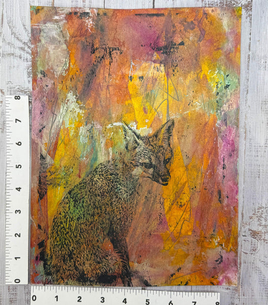 Original Fox Painting Artwork, Pink Orange Black Mixed Media Art on Paper, Gray Fox Sitting