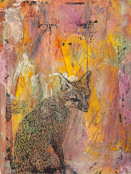 Original Fox Painting Artwork, Pink Orange Black Mixed Media Art on Paper, Gray Fox Sitting