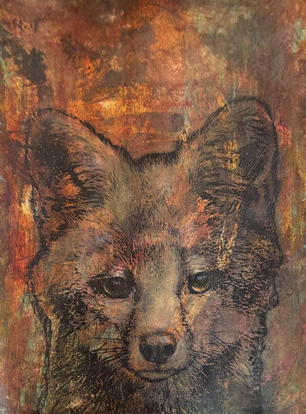 Original Fox Painting Artwork, Brown Sienna Rust, Dark Black Mixed Media Art on Paper, Gray Fox Face