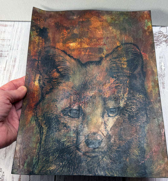 Original Fox Painting Artwork, Brown Sienna Rust, Dark Black Mixed Media Art on Paper, Gray Fox Face