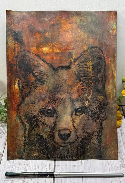Original Fox Painting Artwork, Brown Sienna Rust, Dark Black Mixed Media Art on Paper, Gray Fox Face