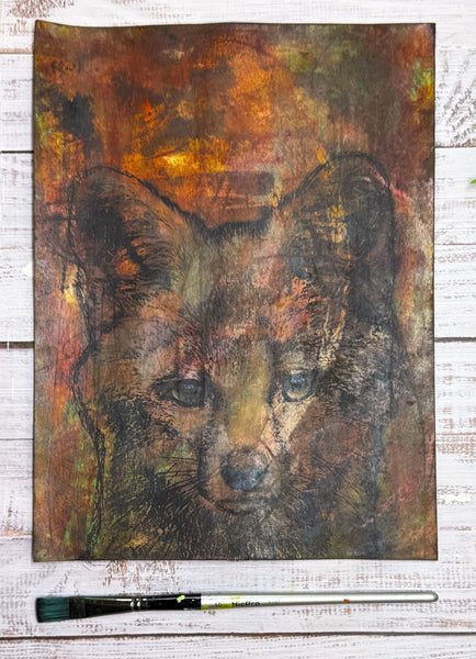 Original Fox Painting Artwork, Brown Sienna Rust, Dark Black Mixed Media Art on Paper, Gray Fox Face