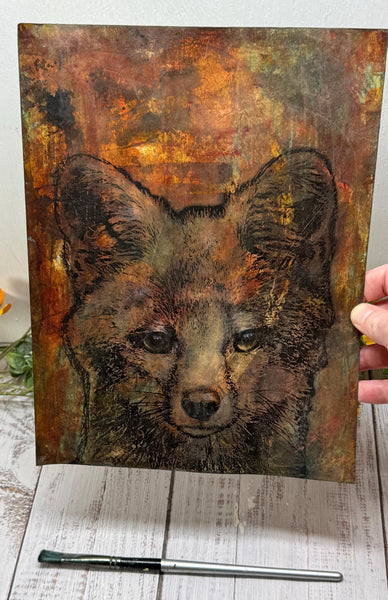 Original Fox Painting Artwork, Brown Sienna Rust, Dark Black Mixed Media Art on Paper, Gray Fox Face