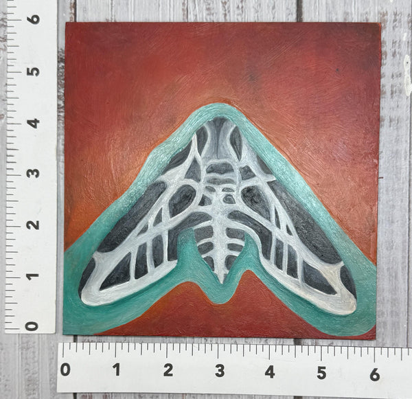 Original Oil Painting, Sphinx Moth Art, Unframed, Insect Garden Lover Gift, Red, Turquoise, Black, White, Square Small Original Artwork