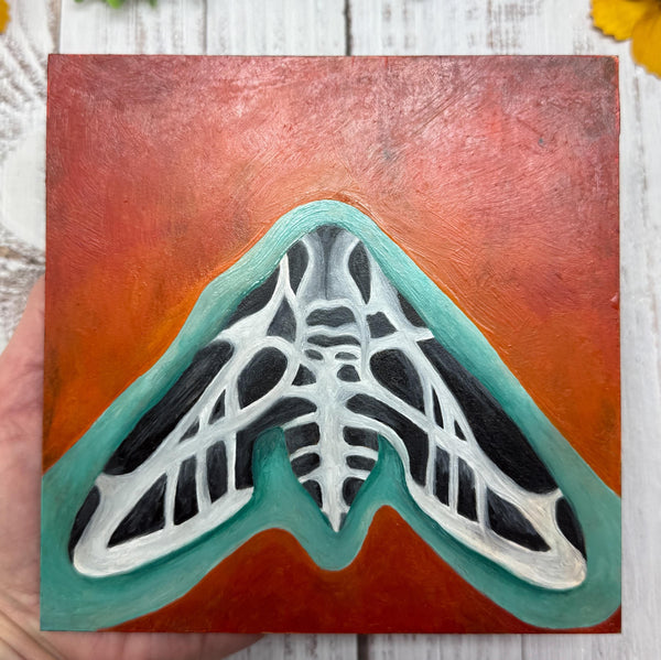 Original Oil Painting, Sphinx Moth Art, Unframed, Insect Garden Lover Gift, Red, Turquoise, Black, White, Square Small Original Artwork