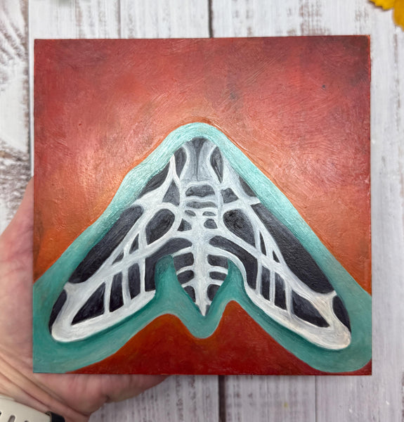 Original Oil Painting, Sphinx Moth Art, Unframed, Insect Garden Lover Gift, Red, Turquoise, Black, White, Square Small Original Artwork