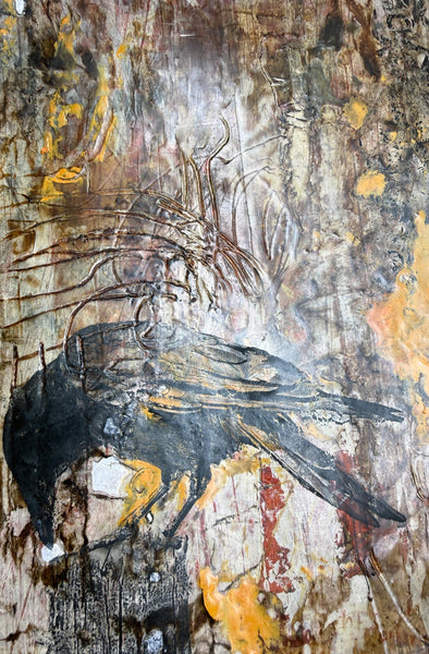 Original Painting Raven, Encaustic Original Artwork, Mixed Media art with Raven Bird, Black, Brown, and Yellow Art on Paper, Bird Lover Gift