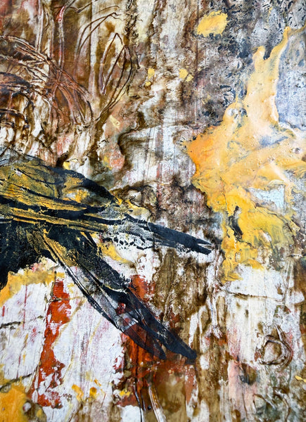 Original Painting Raven, Encaustic Original Artwork, Mixed Media art with Raven Bird, Black, Brown, and Yellow Art on Paper, Bird Lover Gift