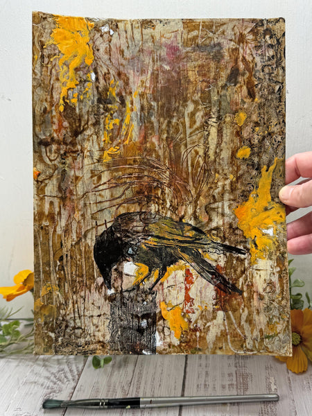 Original Painting Raven, Encaustic Original Artwork, Mixed Media art with Raven Bird, Black, Brown, and Yellow Art on Paper, Bird Lover Gift