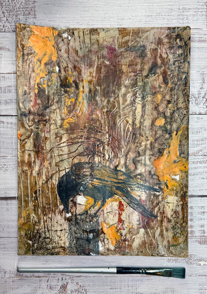 Original Painting Raven, Encaustic Original Artwork, Mixed Media art with Raven Bird, Black, Brown, and Yellow Art on Paper, Bird Lover Gift