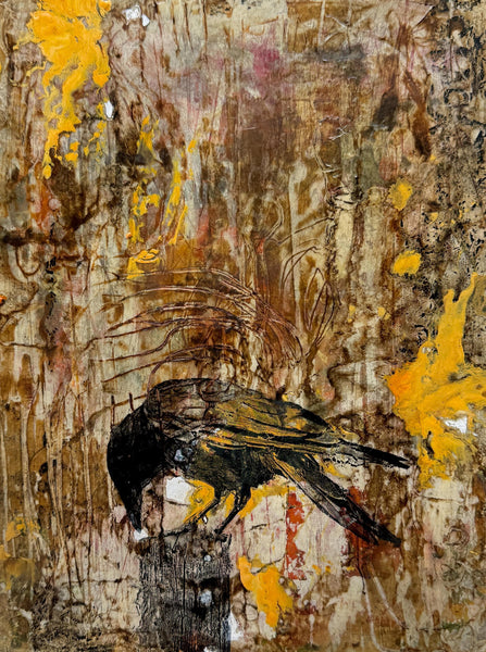 Original Painting Raven, Encaustic Original Artwork, Mixed Media art with Raven Bird, Black, Brown, and Yellow Art on Paper, Bird Lover Gift