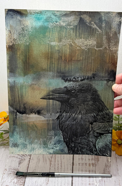 Original Painting Raven, Original Mixed Media Artwork, Raven Bird, Black, Blue, and Gray Art on Paper, Bird Lover Gift