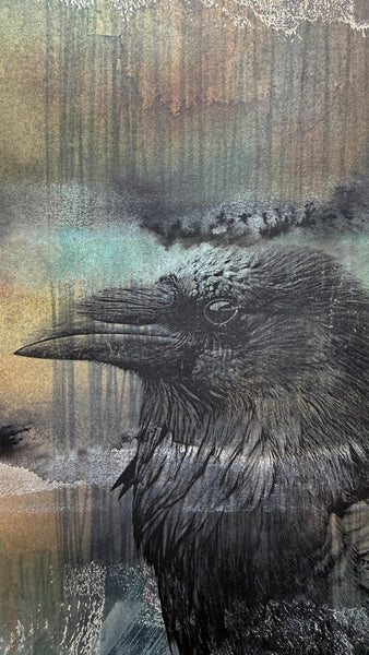 Original Painting Raven, Original Mixed Media Artwork, Raven Bird, Black, Blue, and Gray Art on Paper, Bird Lover Gift