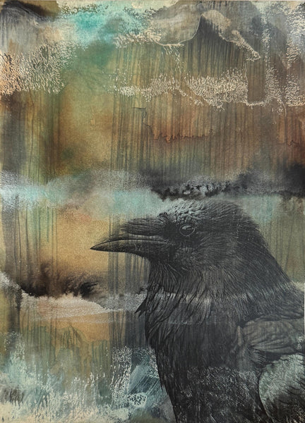 Original Painting Raven, Original Mixed Media Artwork, Raven Bird, Black, Blue, and Gray Art on Paper, Bird Lover Gift