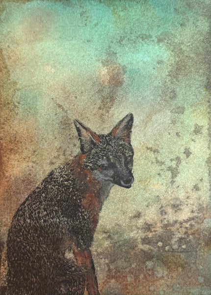 Original Fox Painting Artwork, Mixed Media Art on Paper, Gray Fox Sitting on Turquoise, Brown, Black