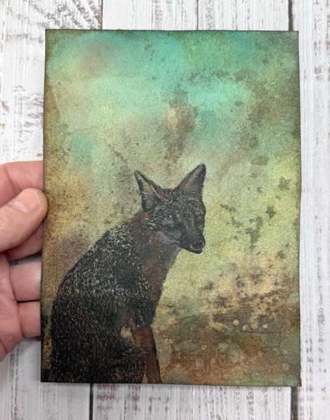 Original Fox Painting Artwork, Mixed Media Art on Paper, Gray Fox Sitting on Turquoise, Brown, Black