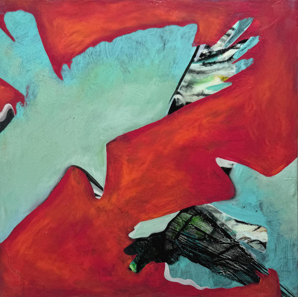 Original Encaustic Painting Raven Artwork, Mixed Media Art with Raven Bird, Black, Turquoise and Red Art, Bird Lover Gift