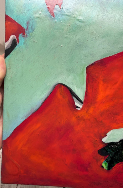 Original Encaustic Painting Raven Artwork, Mixed Media Art with Raven Bird, Black, Turquoise and Red Art, Bird Lover Gift