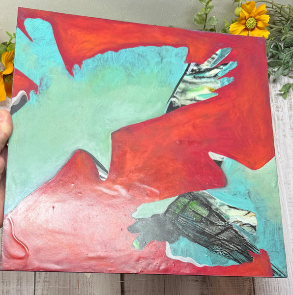 Original Encaustic Painting Raven Artwork, Mixed Media Art with Raven Bird, Black, Turquoise and Red Art, Bird Lover Gift