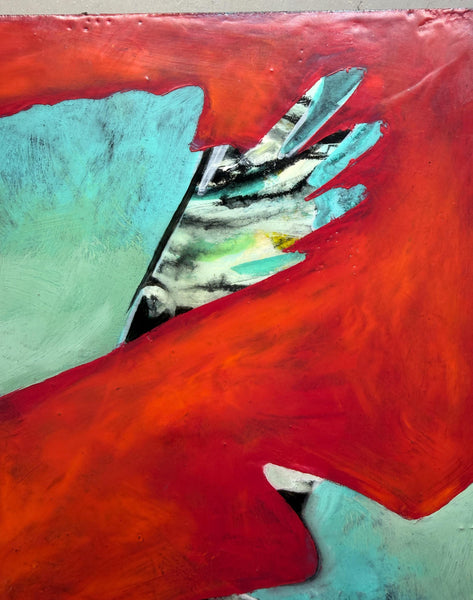Original Encaustic Painting Raven Artwork, Mixed Media Art with Raven Bird, Black, Turquoise and Red Art, Bird Lover Gift
