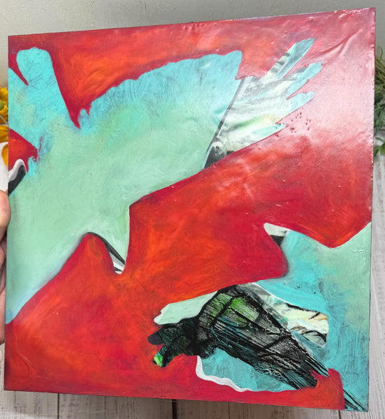 Original Encaustic Painting Raven Artwork, Mixed Media Art with Raven Bird, Black, Turquoise and Red Art, Bird Lover Gift