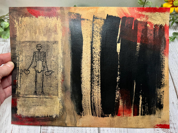 Original Painting Skeleton Artwork, Pompeii Red Black Mixed Media Art on Paper, Gothic Decor, Memento Mori