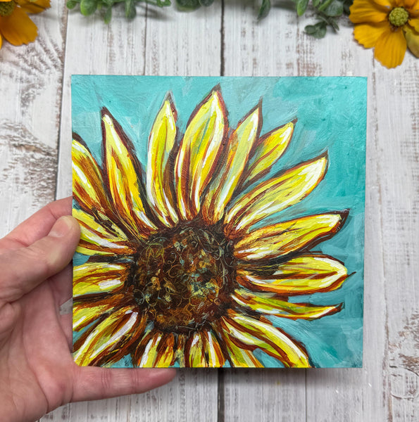 Original Acrylic Painting of Sunflower, Orange Yellow Turquoise Art on Wood Panel Board, Unframed