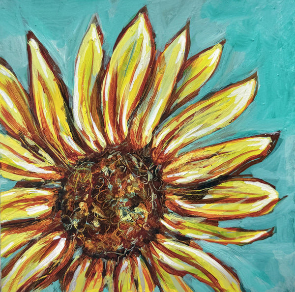 Original Acrylic Painting of Sunflower, Orange Yellow Turquoise Art on Wood Panel Board, Unframed