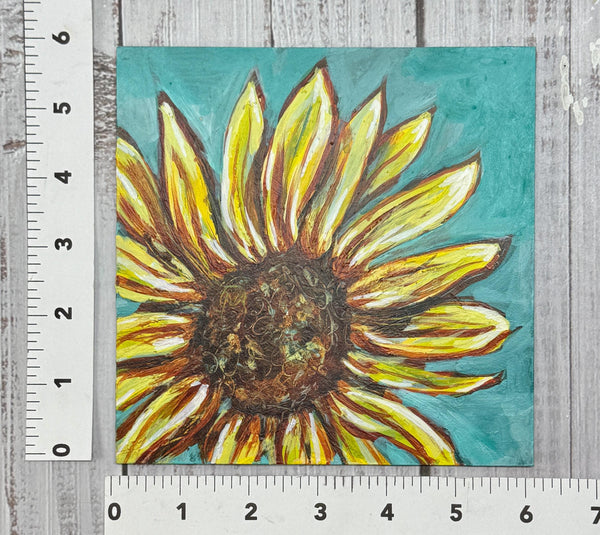 Original Acrylic Painting of Sunflower, Orange Yellow Turquoise Art on Wood Panel Board, Unframed