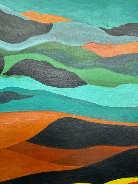 Original Abstract Painting, Bright Art in Turquoise, Green, Orange, Black, Yellow – Acrylic Painting on Paper, Unframed