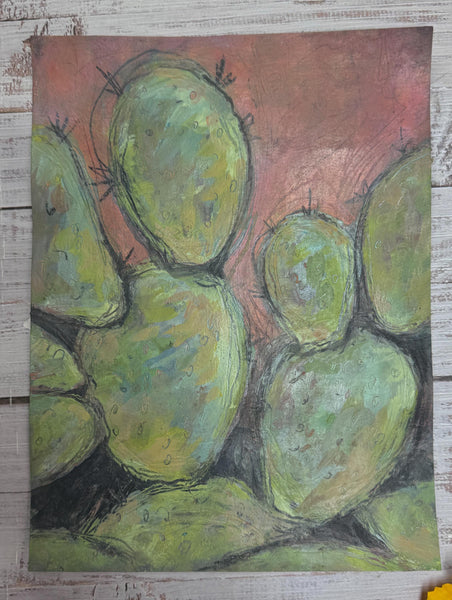 Cactus Abstract Painting Wall Art, Bright Color Desert Artwork, Original Mixed Media Painting on Paper (Unframed 9x12), Green, Blue, Orange