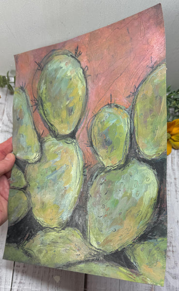 Cactus Abstract Painting Wall Art, Bright Color Desert Artwork, Original Mixed Media Painting on Paper (Unframed 9x12), Green, Blue, Orange