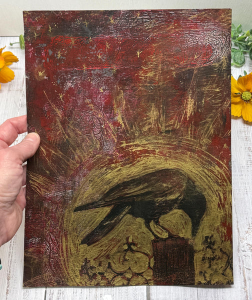 Painting Original Raven, Original Mixed Media Artwork, Raven Bird, Gold, Red, Black Art on Paper, Bird Lover Gift, Unframed