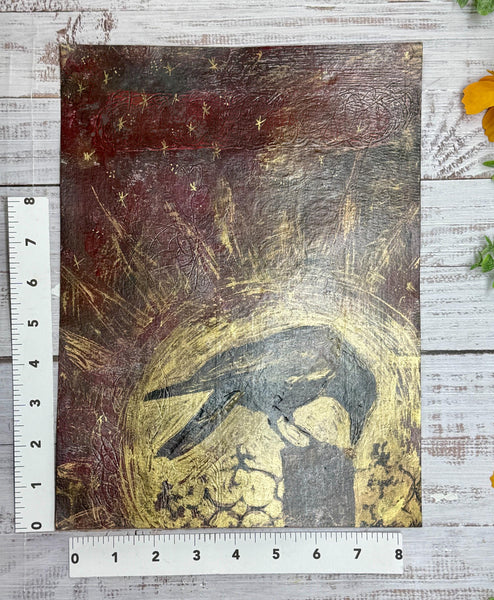 Painting Original Raven, Original Mixed Media Artwork, Raven Bird, Gold, Red, Black Art on Paper, Bird Lover Gift, Unframed
