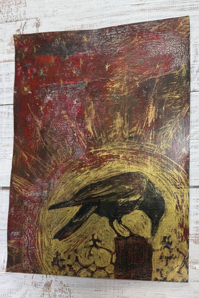 Painting Original Raven, Original Mixed Media Artwork, Raven Bird, Gold, Red, Black Art on Paper, Bird Lover Gift, Unframed