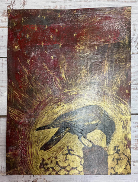 Painting Original Raven, Original Mixed Media Artwork, Raven Bird, Gold, Red, Black Art on Paper, Bird Lover Gift, Unframed